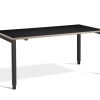 height adjustable desk with black desk top with ply edge. Black leg frame