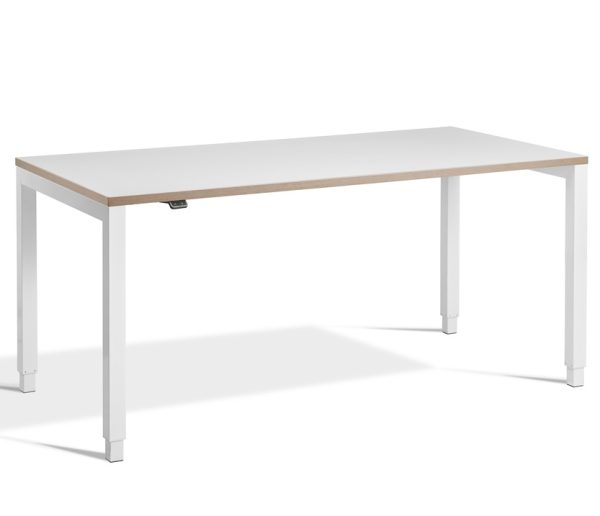 height adjustable desk with white desk top and ply edge with white legs