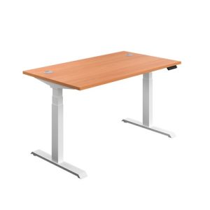 height adjustable desk with beech desk top and white leg frame