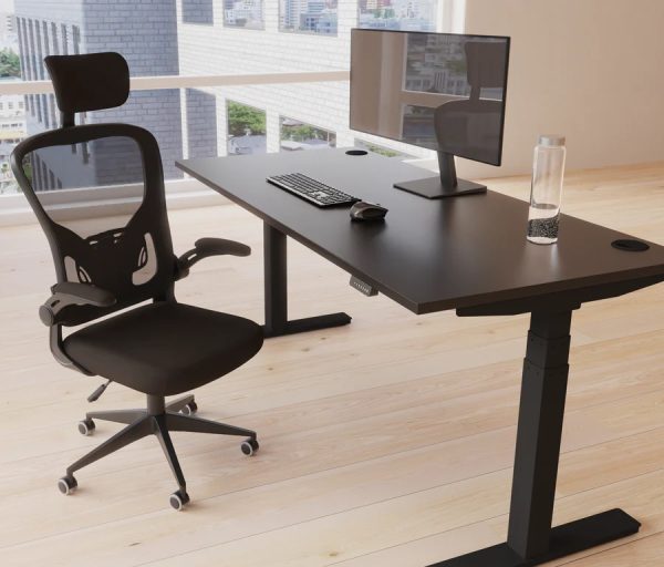 height adjustable desk black with office chair