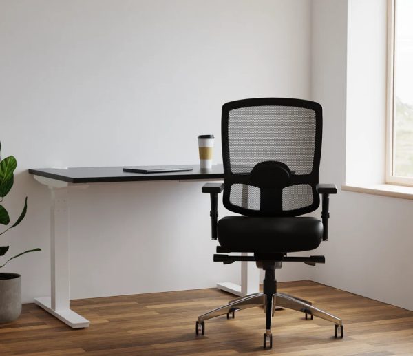 height adjustable desk with office chair