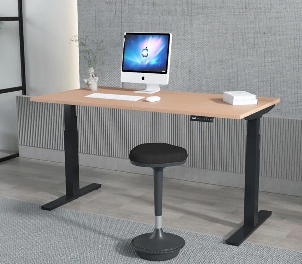 height adjustable desk with beech desk top and black frame