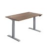 height adjustable desk with walnut desk top and silver leg frame