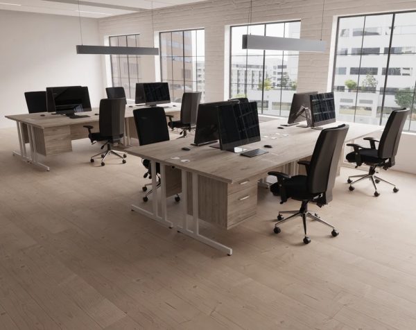 high back ergonomic operator chair in room shot with cantilever maple office desks