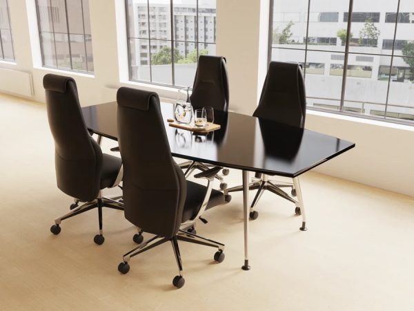 high back black leather executive chairs around meeting table in room set with view of city
