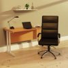high back office chair in black leather and chrome frame at beech desk with white cantilever frame