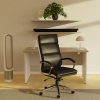 high back office chair in black leather with chrome frame. In room set with light wood office desk