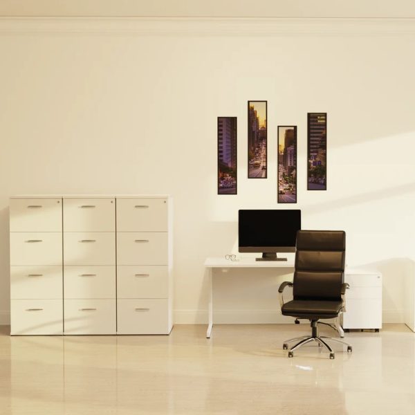 high back office chair with chrome frame in room set with white office desk and white filing cabinets
