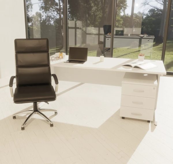 high back office chair in black leather with chrome frame in room set in front of white office desk looking out of window