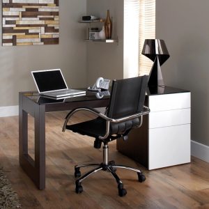 home office desk walnut and white in room shot with black leather office chair