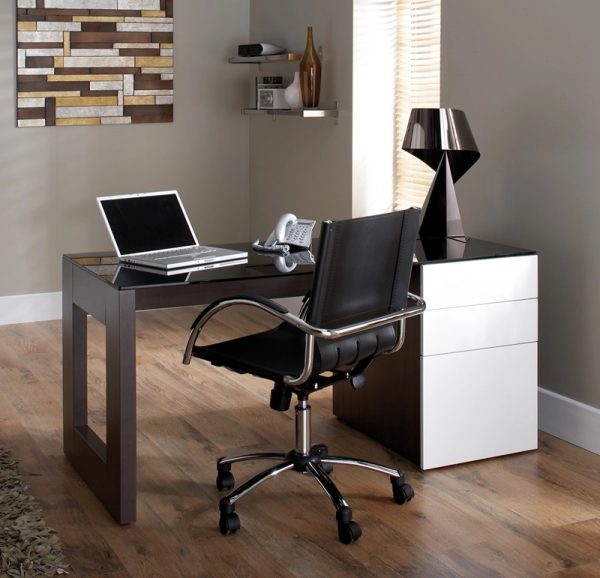 home office desk walnut and white in room shot with black leather office chair