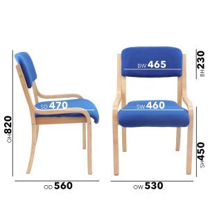 meeting chair with blue fabric and wooden frame. Dimensions