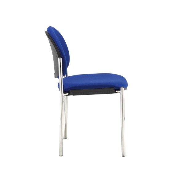 meeting chair in blue fabric with chrome frame. Side View