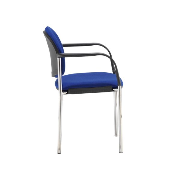 meeting chair in blue fabric with chrome frame and arms. Side view