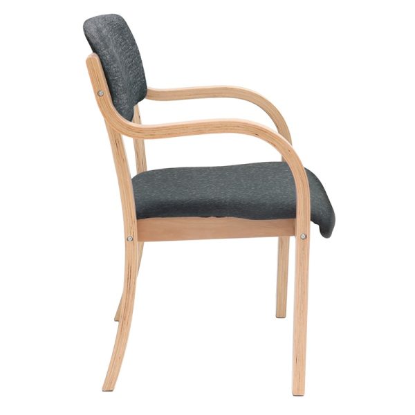 meeting chair in charcoal grey fabric and wooden frame side view