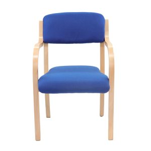 meeting chair with blue fabric upholstery and wooden frame with arms