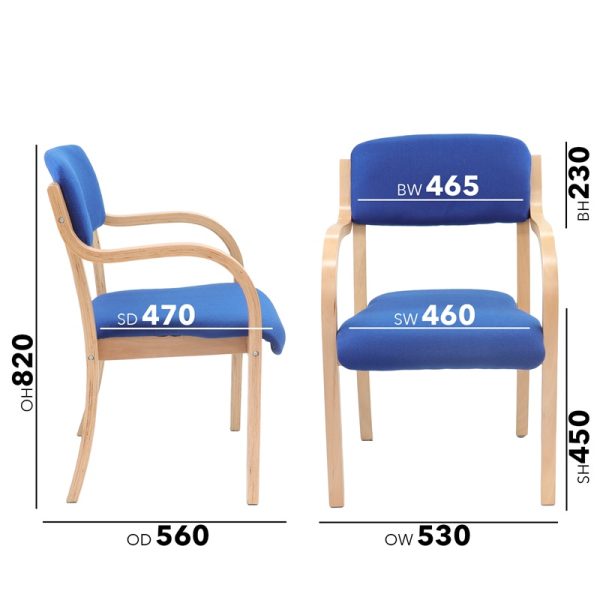 meeting chair in blue fabric and wooden frame with arms. With dimensions