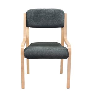 meeting chair with charcoal fabric upholstery and wooded frame. Front view