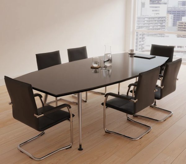 black leather meeting chair around boardroom table roomshot