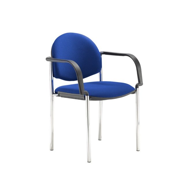 meeting chair in blue fabric with chrome frame and arms.