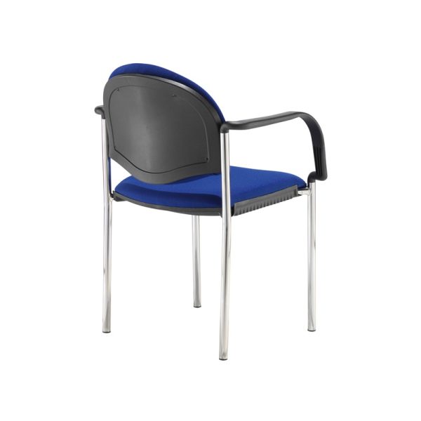 meeting chair in blue fabric and chrome frame with arms. Back view