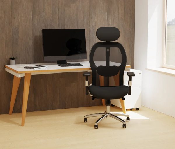 mesh back office chair black in room set in front of office desk