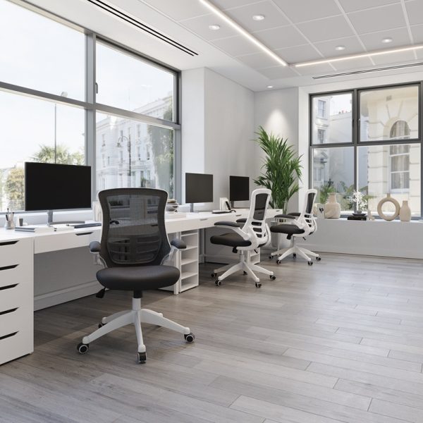 mesh back office chair black with white frame room shot. With white office desks and city view