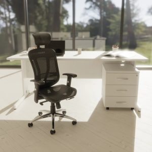 mesh back operators office chair in modern room shot infront of white office desk and big windows