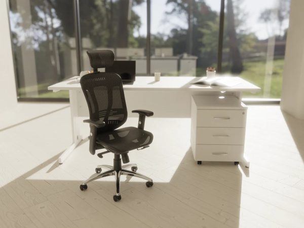 mesh back operators office chair in modern room shot infront of white office desk and big windows