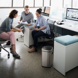 no touch office bin in office room set with people in office meeting