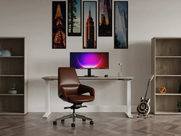 office bookcase in room shot with height adjustable desk and brown leather office chair