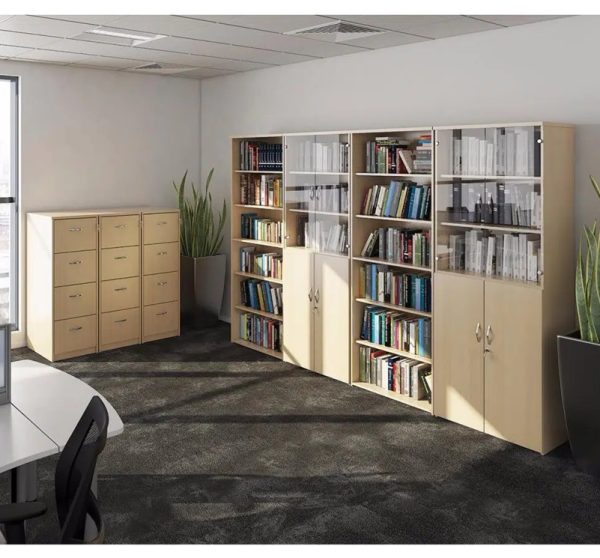 office bookcase roomshot with filing cabinets