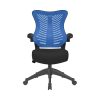 office chair with blue mesh back and black seat. Front view