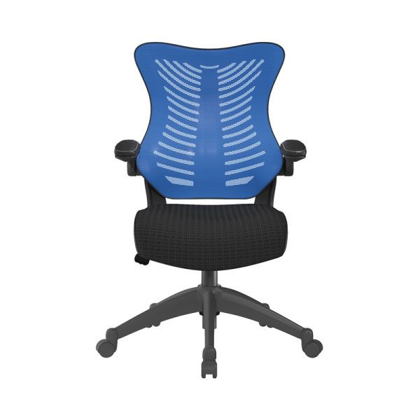 office chair with blue mesh back and black seat. Front view