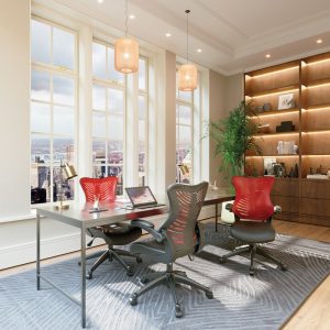 office chair with red mesh back in room shot. surrounding office table and view of city in background