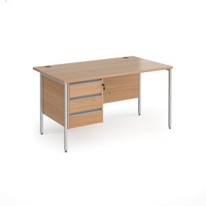 office desk with 3 drawer pedestal in beech finish with silver H Frame legs