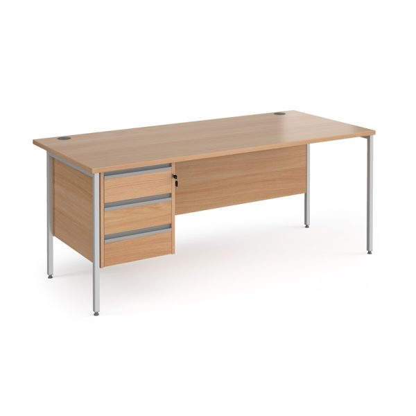 office desk with 3 drawer fixed pedestal in beech finish and silver h frame legs