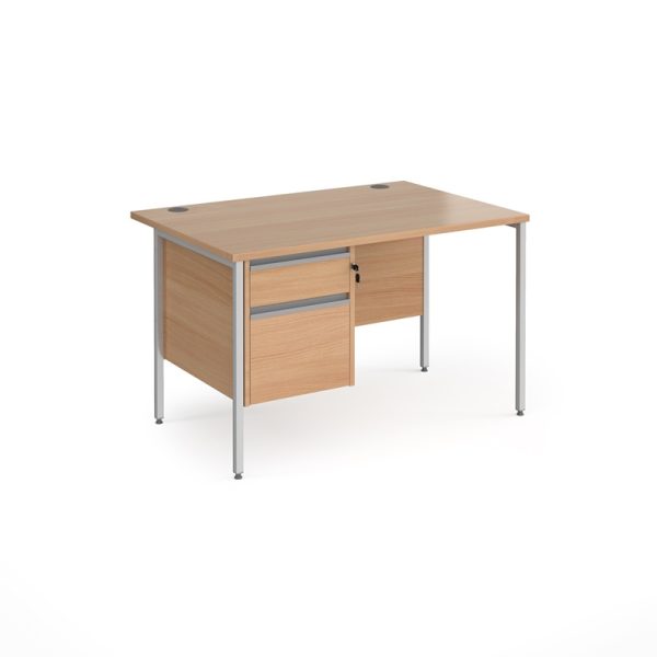 office desk with 2 drawer fixed pedestal in beech finish and silver H frame leg frame