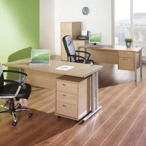 office room set with 2 desks beech desk top with silver leg frame and pedestals. Black fabric office chair