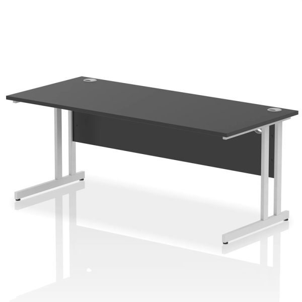 office desk with black desk top and silver cantilever leg frame