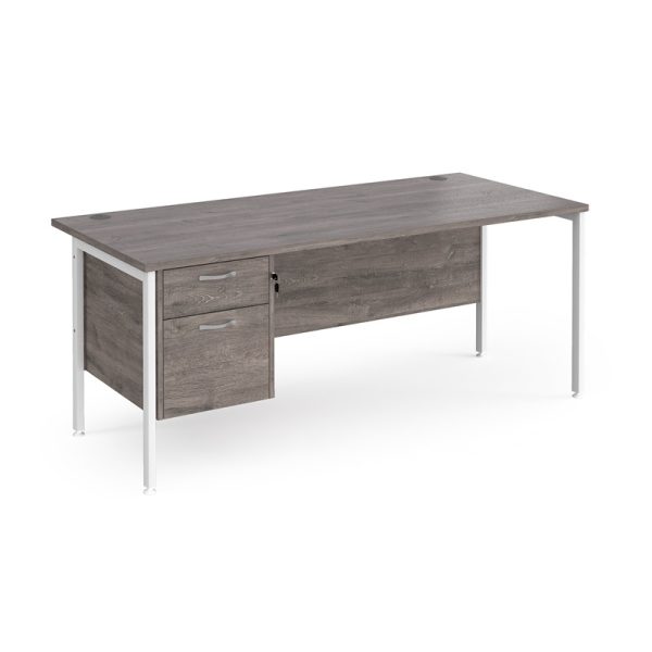 office desk in grey oak with 2 drawer pedestal and white H frame