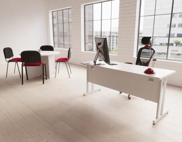 office desk in white with cantilever frame with round meeting table and chairs