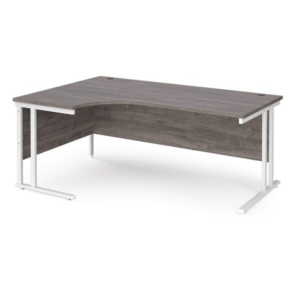 Ergonomic office desk with grey oak desk top and white cantilever frame