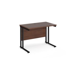 straight office desk in walnut finish with black cantilever leg frame