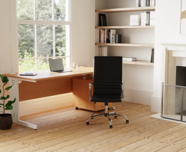 office desk pedestal in home office room shot with office desk and black office chair