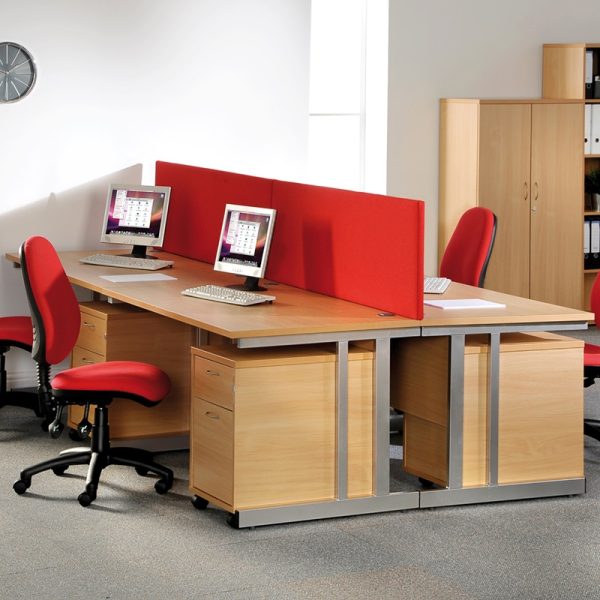 office desk pedestals under office deskin room shot with red office chairs and red desk screens