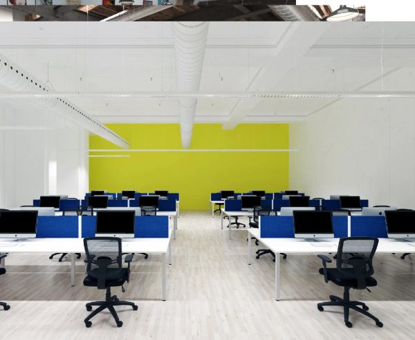 office desk screens on rows of office desks in modern office