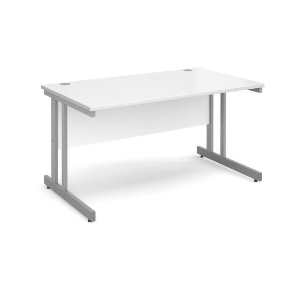 rectangular office desk with white desk top and silver cantilever leg frame