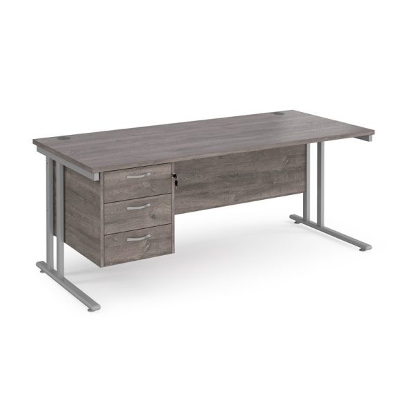 office desk with 3 drawer pedestal in grey oak and silver cantilever leg frame