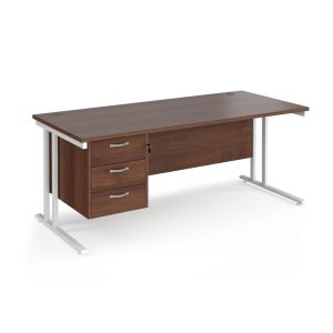 office desk with 3 drawer pedestal in walnut with white cantilever leg frame